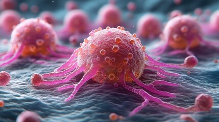 Detailed close-up of blood cancer cells, showcasing their structure and complexity