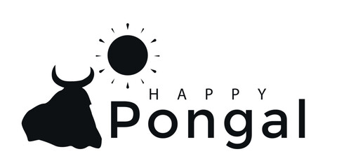 Happy Pongal banner. Black cow, sun, text on white background. Indiana harvest celebration poster for web design. Vector illustration