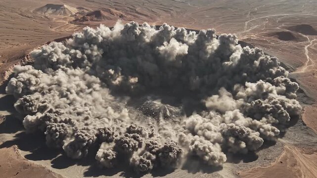 Aerial drone shot view of a monumental gray dust cloud spreading out from a massive ground zero impact crater in a remote desert area dynamic, vast, aftermath