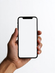 A modern smartphone held in a human hand against a clean white background, featuring a blank white screen ready for mockups, app presentations, or UI design. Minimalist composition 