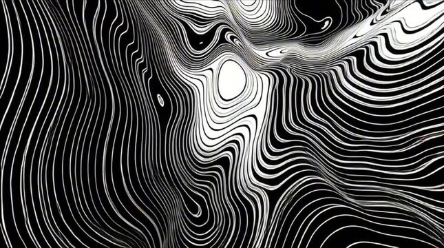 Abstract animated outline topographic contour map. Moving waves on black background. 4K looped animation close up of zebra skin