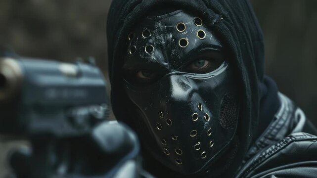 A fierce warrior with a black mask and helmet prepares for battle.