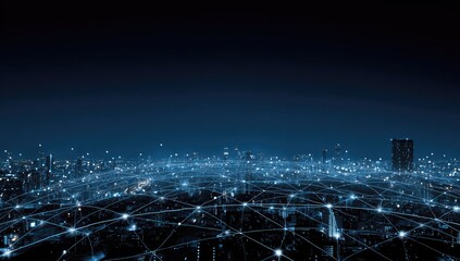 Abstract digital network overlay on a glowing nighttime cityscape