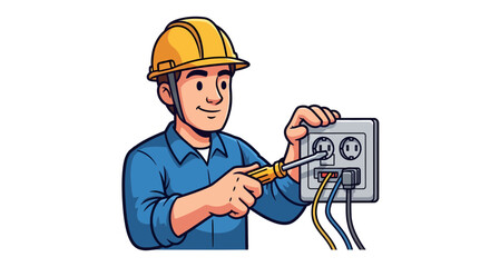 Skilled electrician in yellow hard hat diligently working on electrical outlet with screwdriver and wires, representing professional installation and repair services
