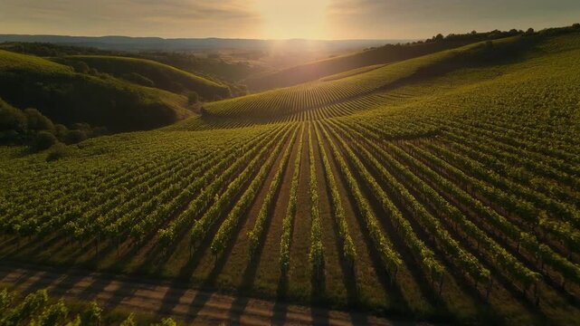 Golden Sunrise Over Lush Vineyard Rows with Morning Mist and Sun Rays