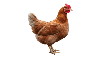 A single brown hen standing in profile view isolated on a clean white background.