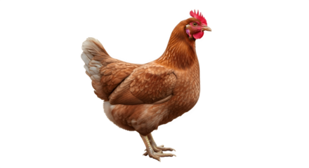 A single brown hen standing in profile view isolated on a clean white background.