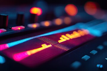 Abstract close-up of glowing audio equipment with colorful bokeh lights