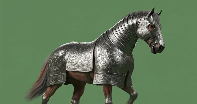 Majestic Armored Warhorse in Detailed Medieval Barding Against a Solid Green Background, Evoking Historical Valor and Equestrian Grandeur of Ancient Eras