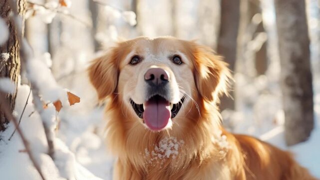 A dog with a pink tongue is laying in the snow. The dog is brown and has a white patch on its face