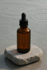 Amber Dropper Bottle on Natural Stone with Serene Water Ripples Background. Minimalist Cosmetic or Essential Oil Product Mockup for Skincare and Wellness.