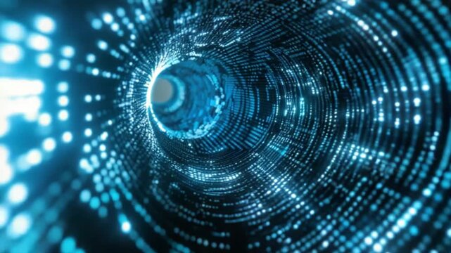 Abstract digital tunnel glowing with futuristic blue data streams and particles