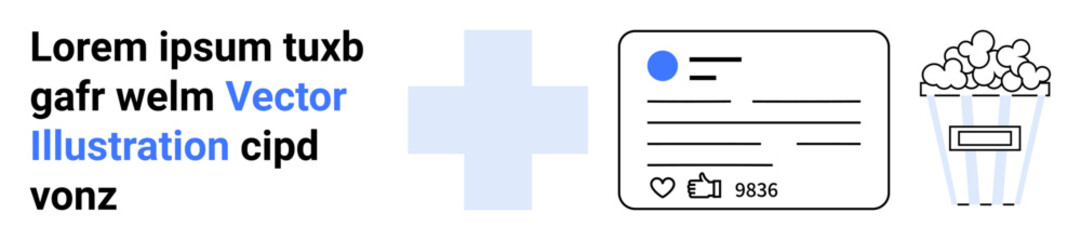 Fototapeta premium Social media, entertainment, online content sharing, audience engagement, digital marketing, communication. Profile interface with engagement stats and popcorn illustration. Social media