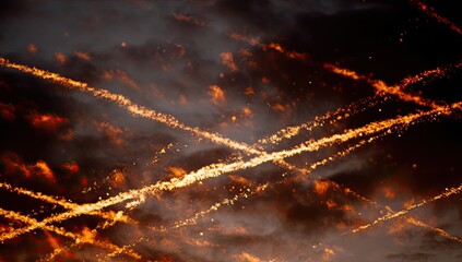 Fiery trails of light streak across a dark, cloudy, and dramatic sky