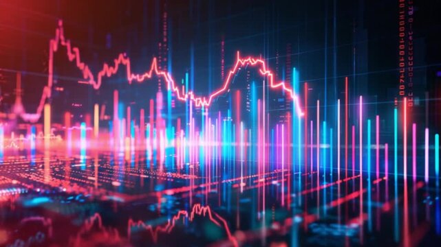 Vibrant digital graph shows stock market fluctuations with neon lights, representing financial growth and volatility.