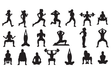 Fitness Silhouette Bundle Male & Female Workout Gym Yoga Exercise Vector Set