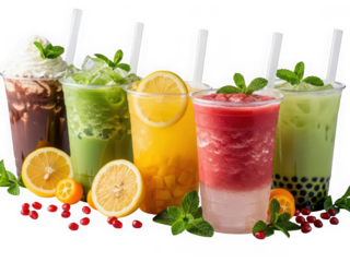 Assorted colorful bubble tea drinks with fruits and mint leaves isolated on transparent background