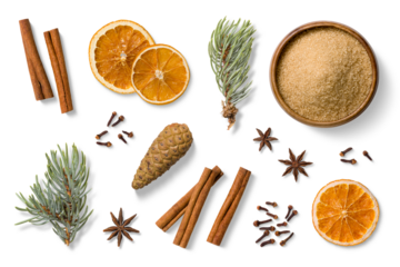 Set of traditional mulled wine or vin brule spices including dried orange slices, cinnamon sticks, anise, cloves and a wooden bowl filled with brown sugar, isolated on transparent background. 