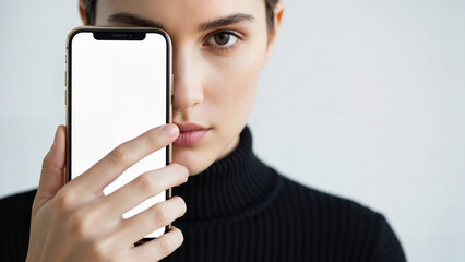 Young woman holding smartphone near face with neutral expression  