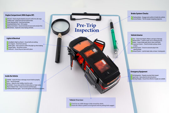 Pre-trip inspection photo illustration, A miniature car place  on a clipboard along with pen and magnifying glass and standard checklist items to perform Pre-trip inspection