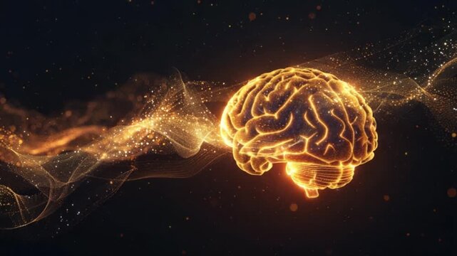 Glowing human brain radiating energy and light, symbolizing intelligence and creativity