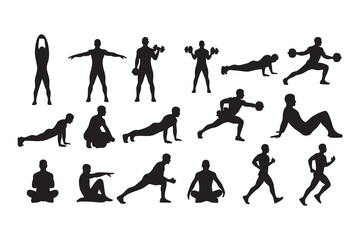 Fitness Silhouette Bundle Male & Female Workout Gym Yoga Exercise Vector Set