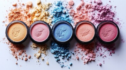 Different colors makeup powder pack on white background