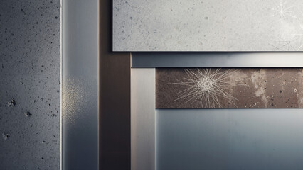 Abstract layers of textured concrete and metal panels in modern design  