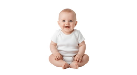 Adorable happy baby sitting and smiling joyfully isolated on white.