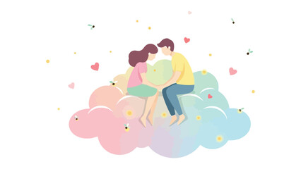 Romantic Interlude on Dreamy Cloud: A loving couple enjoys a tender moment, seated on a colorful, whimsical cloud, with hearts and stars scattered, capturing the bliss of love.