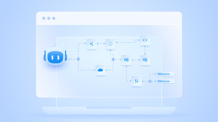 AI workflow automation artificial intelligence. ai agent workflow interface displayed on laptop screen with cloud integration, automation steps, coding modules, and process flow.