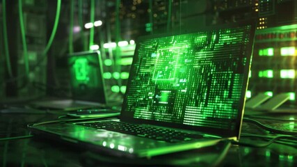 Futuristic digital data streams flowing on multiple glowing laptop screens in a dark server room.
