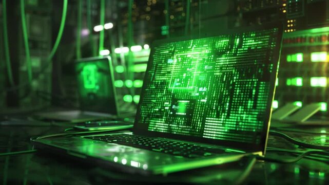 Futuristic digital data streams flowing on multiple glowing laptop screens in a dark server room.