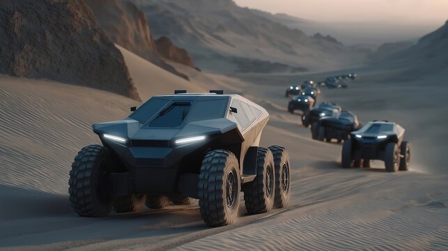 Wide-angle shot of multiple autonomous vehicles in formation over desert terrain during tactical exercise, symbolizing strategic robotic deployment, AI-driven defense mobility, and futuristic