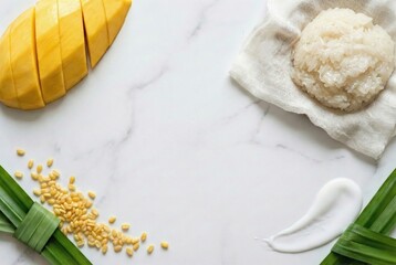 Thai mango sticky rice dessert ingredients flat lay frame with ripe yellow fruit and coconut milk on white marble background with copy space for summer food menu design.