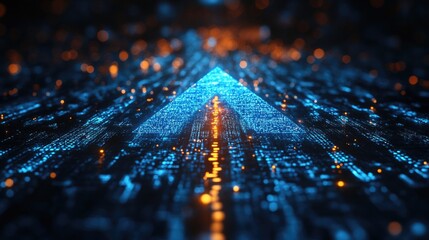 Digital arrow pointing upwards shaped by vibrant blue matrix binary code. With pixelated motifs emerging from behind