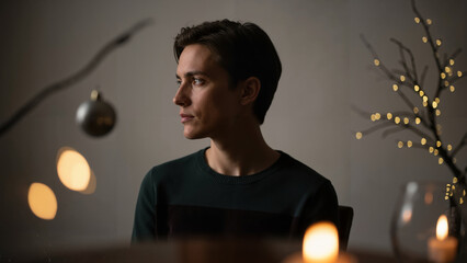 Young man reflecting while sitting at a table with candles indoors  