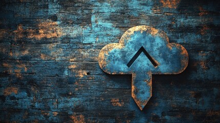 Digital background featuring a cloud icon with an upward-pointing arrow in a blue circle, in a color scheme of dark black, blue, and white