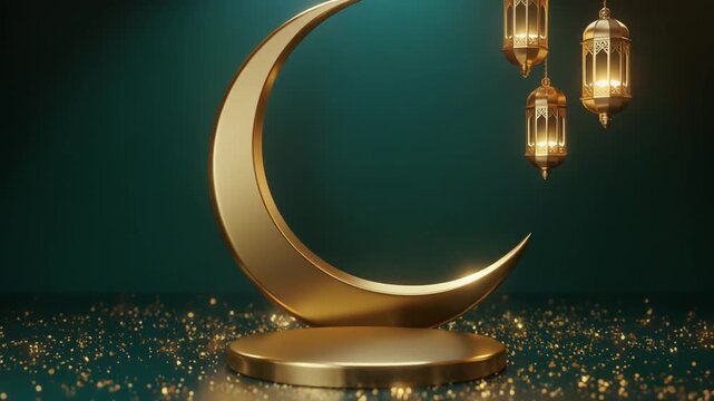 Golden crescent moon with glowing lanterns on emerald background shimmering
