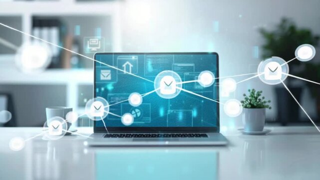 Modern laptop displaying futuristic digital network on a clean desk with soft light and bokeh