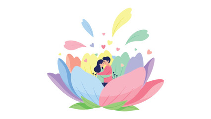 Eternal Embrace in Bloom: Two figures share a tender embrace, cradled within a vibrant floral form, as hearts playfully flutter in the air, symbolizing the blossoming of love and affection.