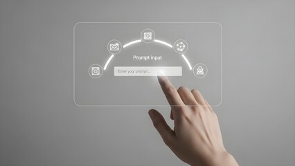 Close-up of a human hand engaging with an advanced holographic user interface, precisely touching an input field to initiate a modern digital interaction or data entry