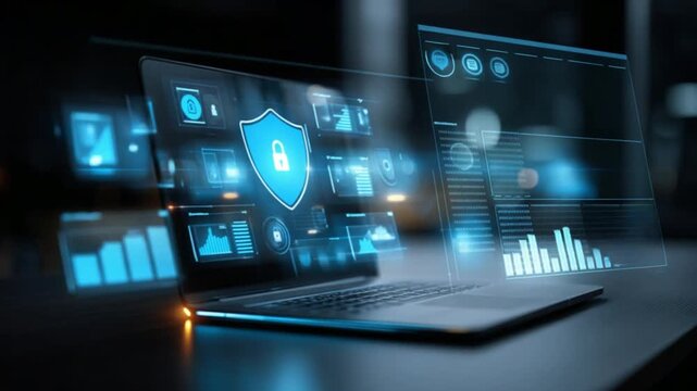 Futuristic laptop displaying glowing digital security shield and data analytics on a dark background