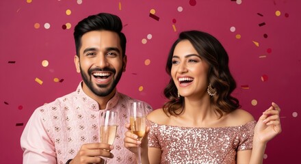 Stylish couple in festive party outfits laugh and raise sparklers and champagne glasses against a dark backdrop