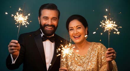 A young couple celebrates new year party indoors at night, holding sparklers as warm fairy lights glow softly in the background.