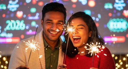 A young couple celebrates new year party indoors at night, holding sparklers as warm fairy lights glow softly in the background.