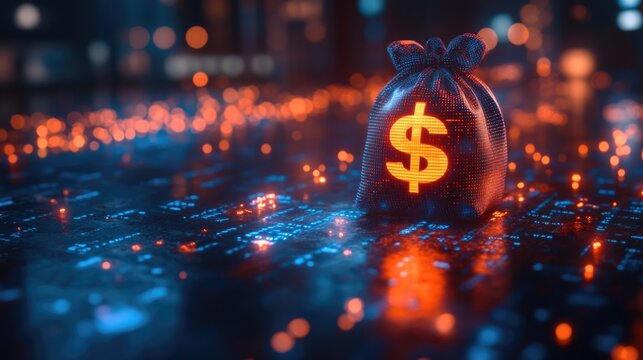 Digital blue money bag with a dollar $ icon with binary code, ai financial transactions, fraud detection algorithms