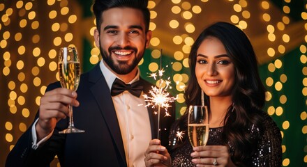 Stylish couple in festive party outfits laugh and raise sparklers and champagne glasses against a dark backdrop