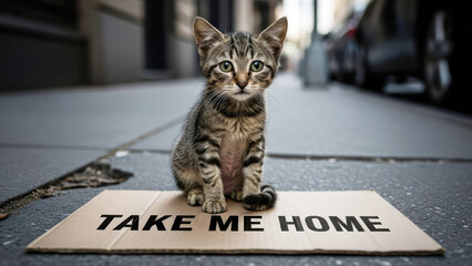 A lonely tabby kitten on city street with "Take Me Home" sign seeks a family and warm home. Homeless animals concept.