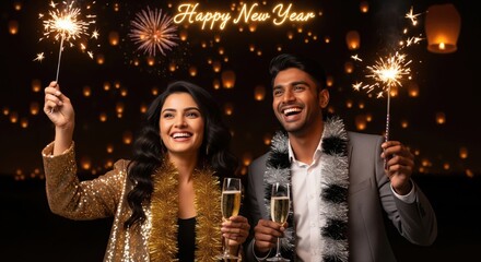 Stylish couple in festive party outfits laugh and raise sparklers and champagne glasses against a dark backdrop